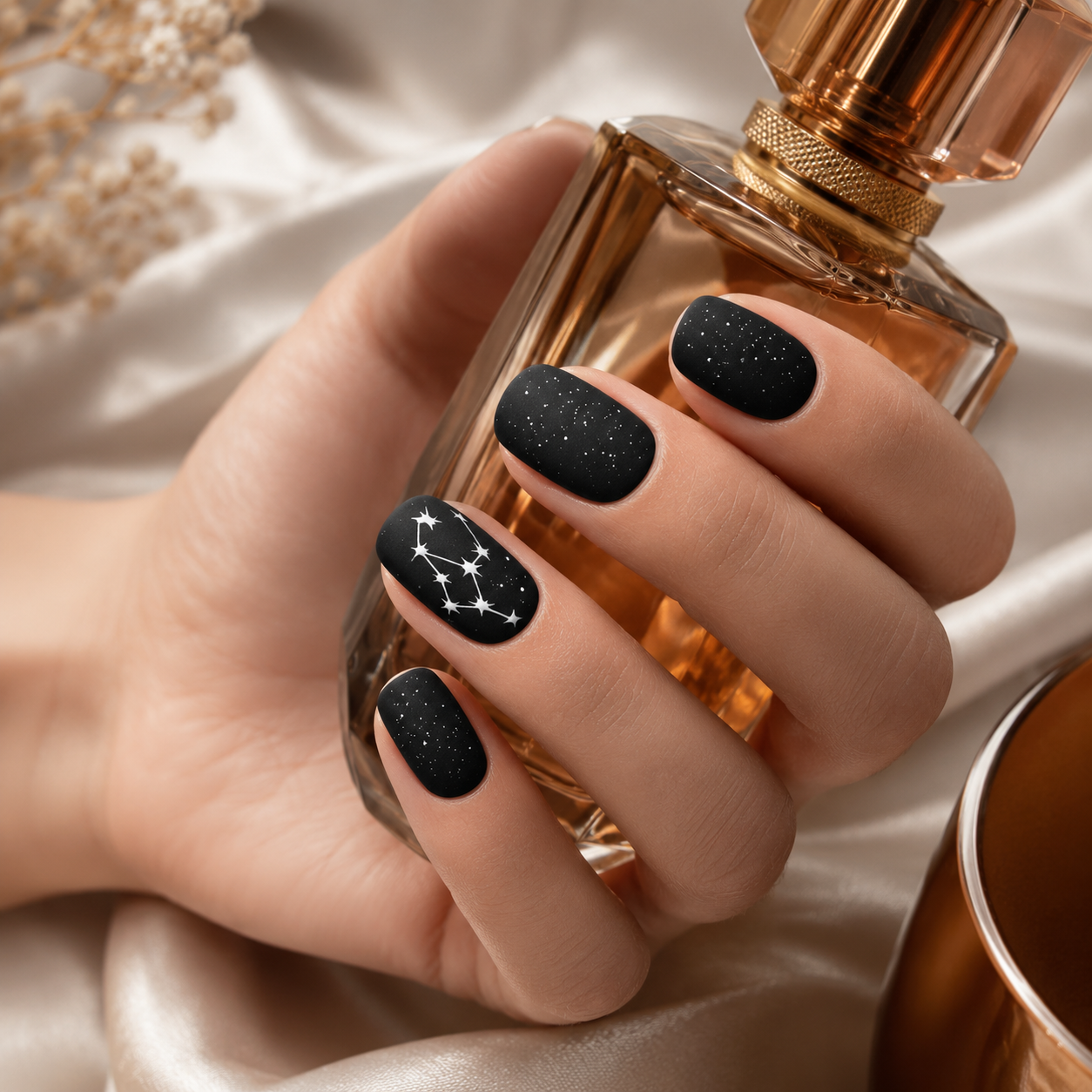 Matte Black Constellation Press-On Nails nail detail