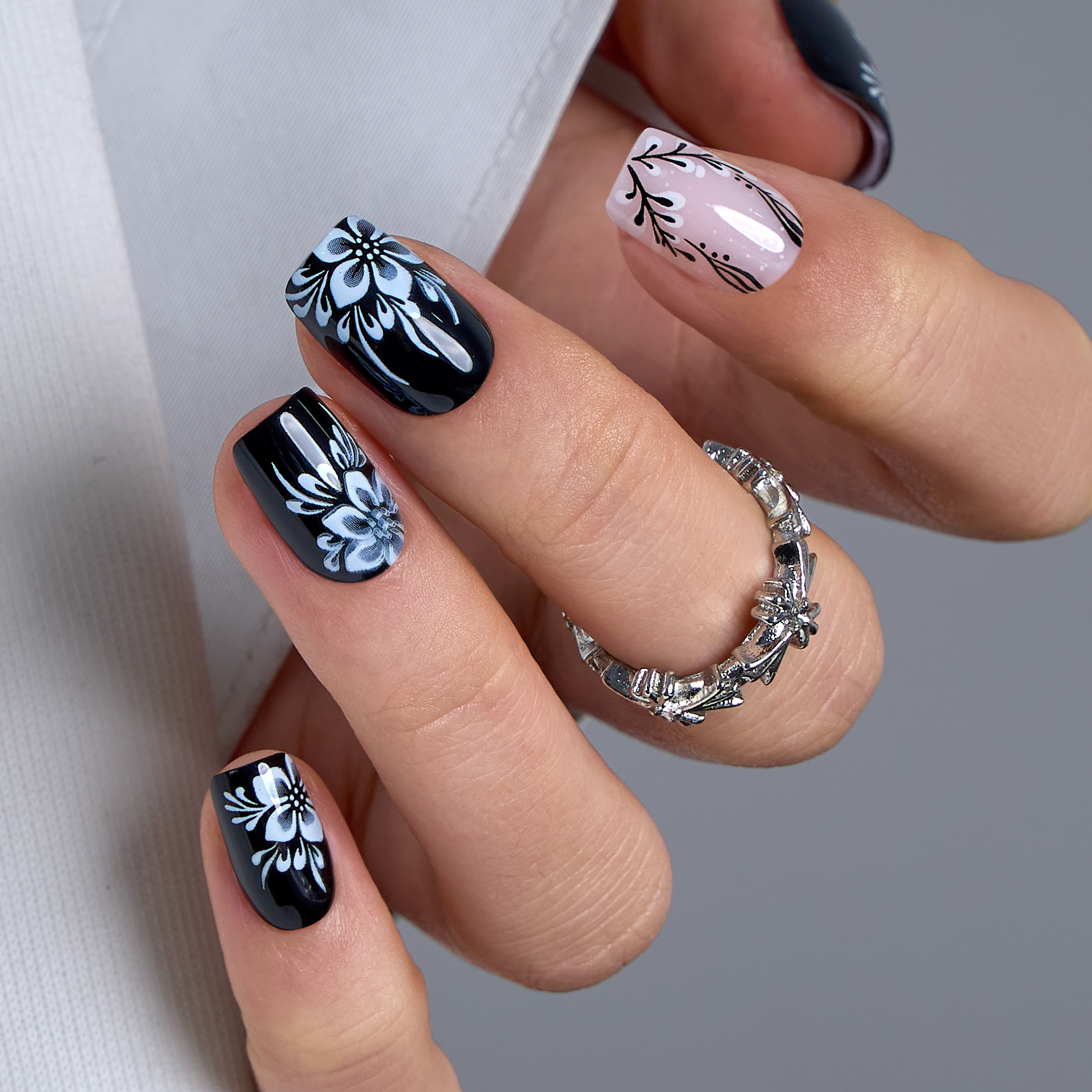 Midnight Bloom short squoval press-on nails