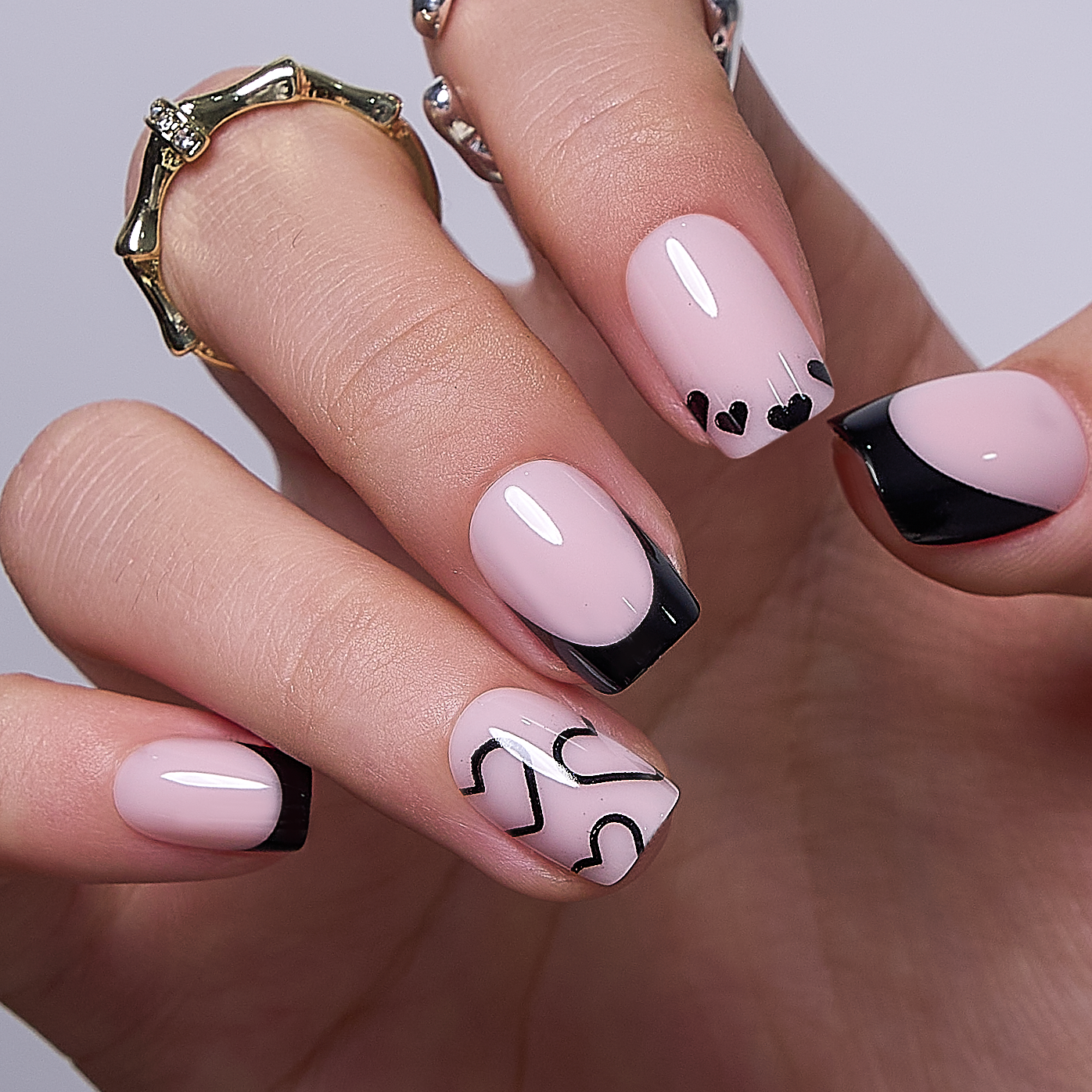 Midnight Hearts short squoval press-on nails