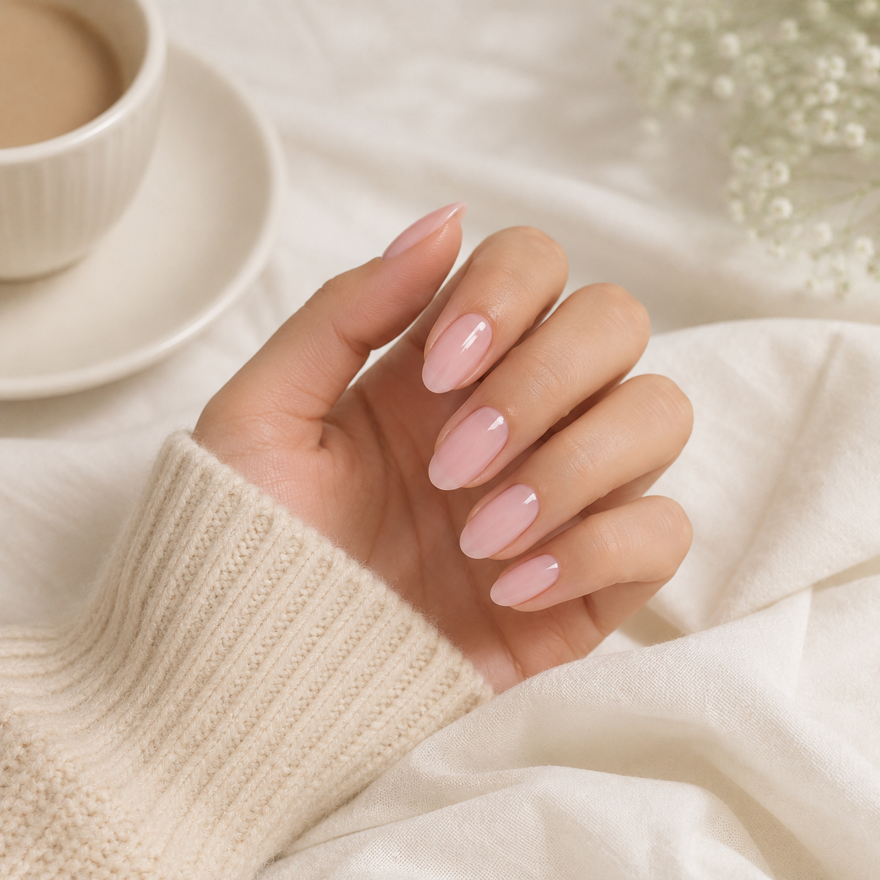 Milky Pink medium almond nail detail