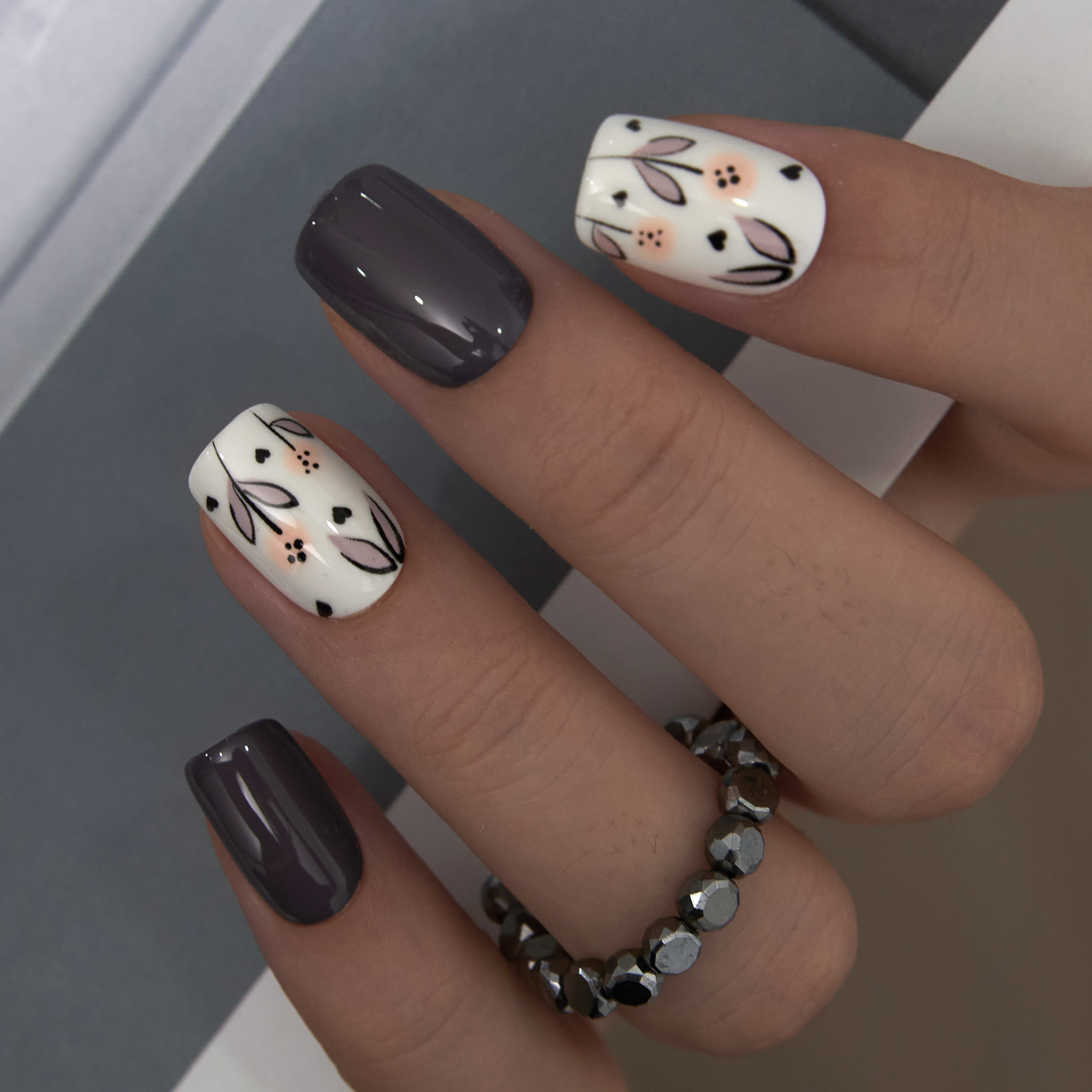 Mocha Bloom short squoval nail detail