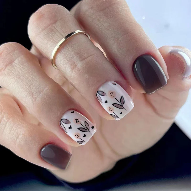 Mocha Bloom short squoval press-on nail set with accessories