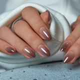 Mocha Chrome short almond nail detail