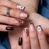 Mocha Silk Dream medium square press-on nails worn on a hand