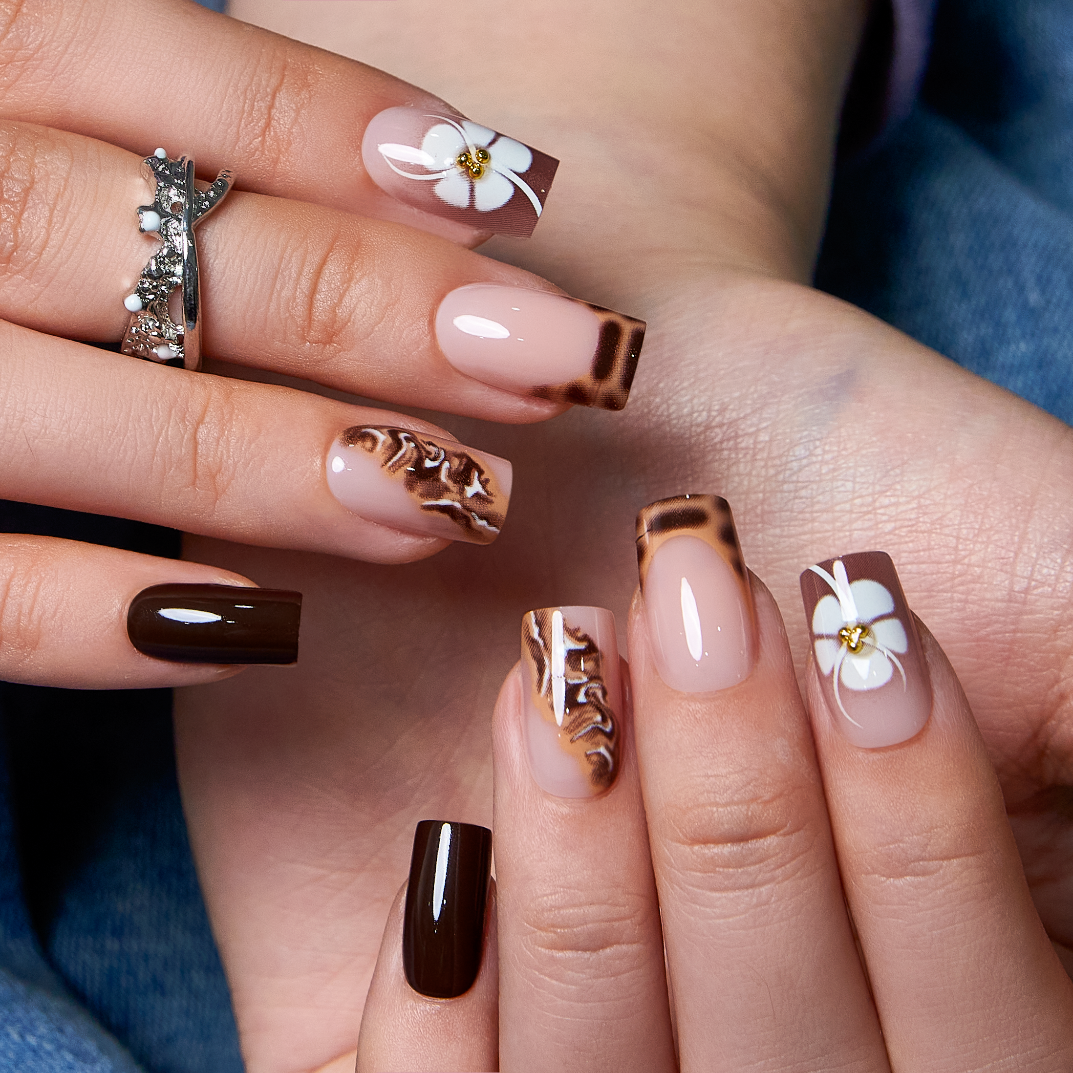 Mocha Silk Dream medium square press-on nails worn on a hand