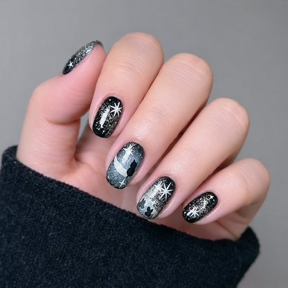 Moonlit Cat Galaxy Press-On Nails close-up detail