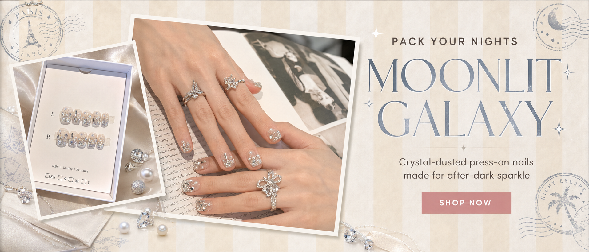 Moonlit Galaxy press-on nails collection banner featuring crystal-embellished silver nails and jewelry