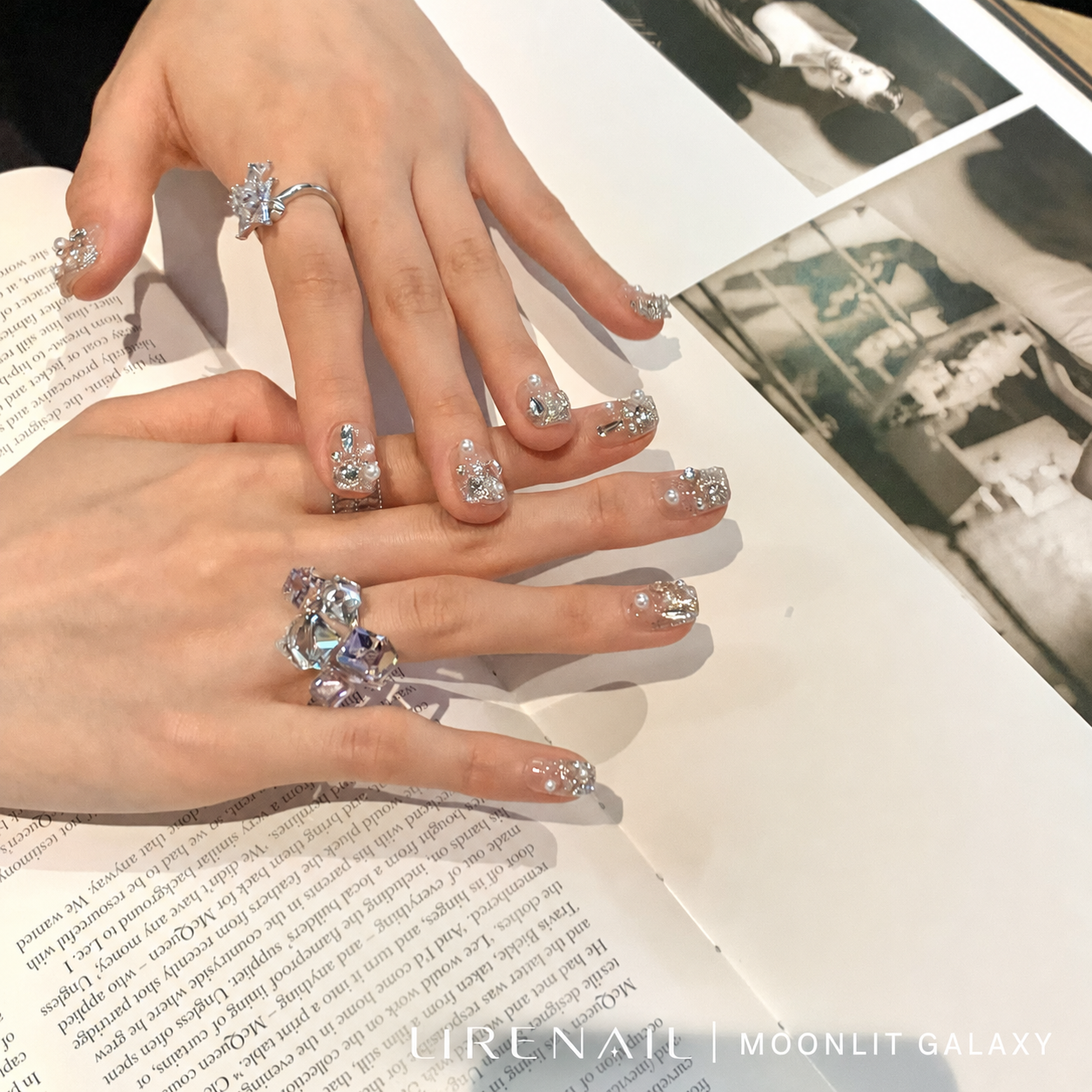 Moonlit Galaxy pearl crystal nails worn on both hands