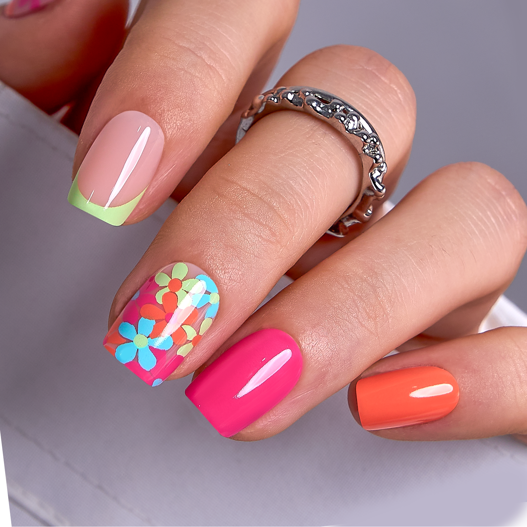 Neon Bloom short squoval press-on nails