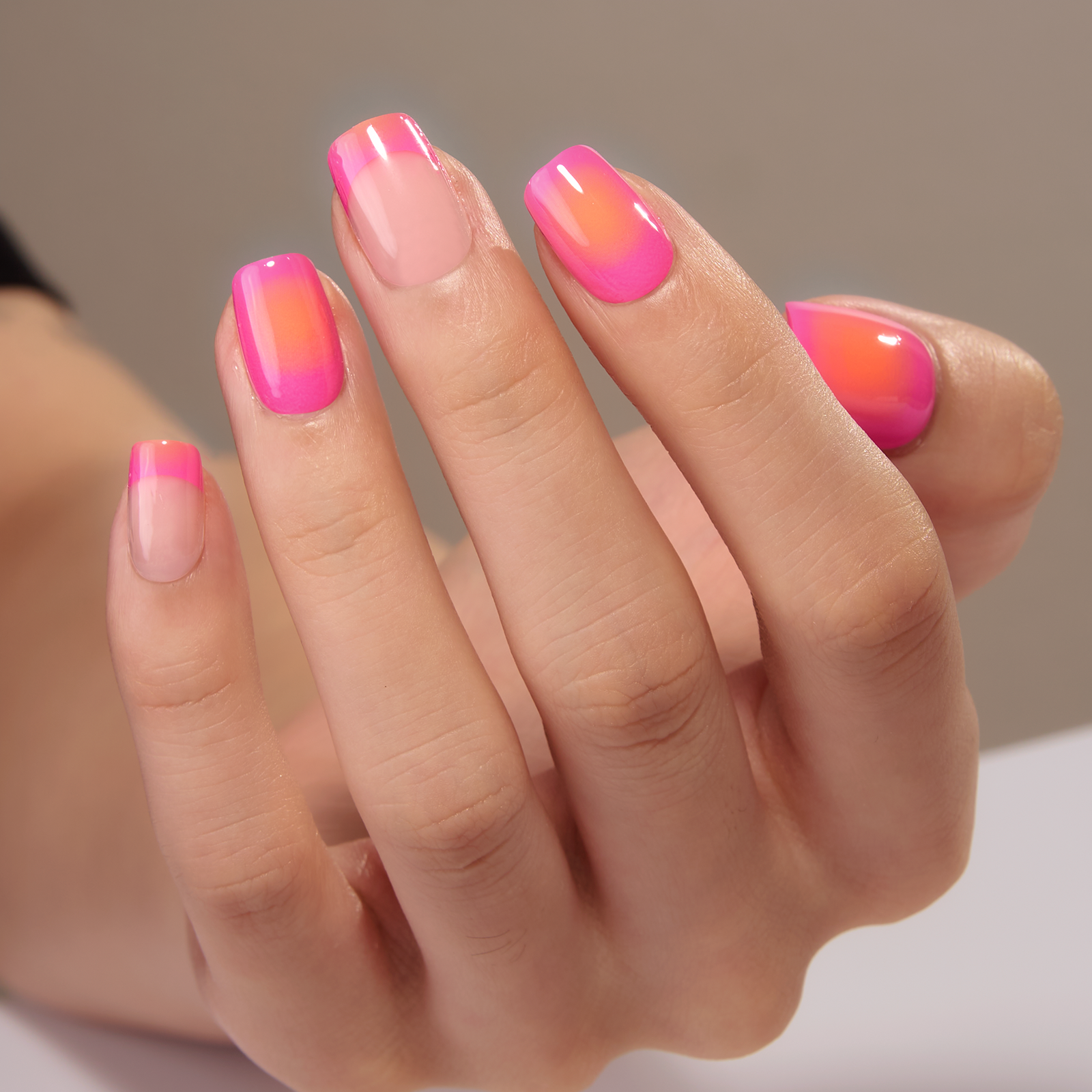Neon Sunset short squoval nail detail