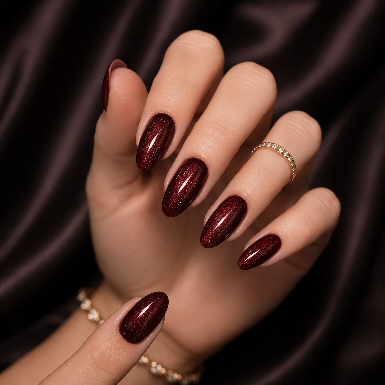 Red Almond Short press-on nails by Lirenail - wear effect