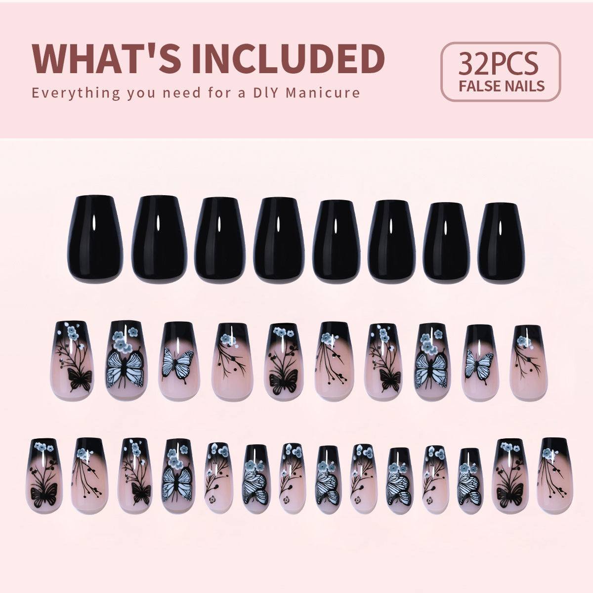 Noir Papillon M Coffin press-on nails product view