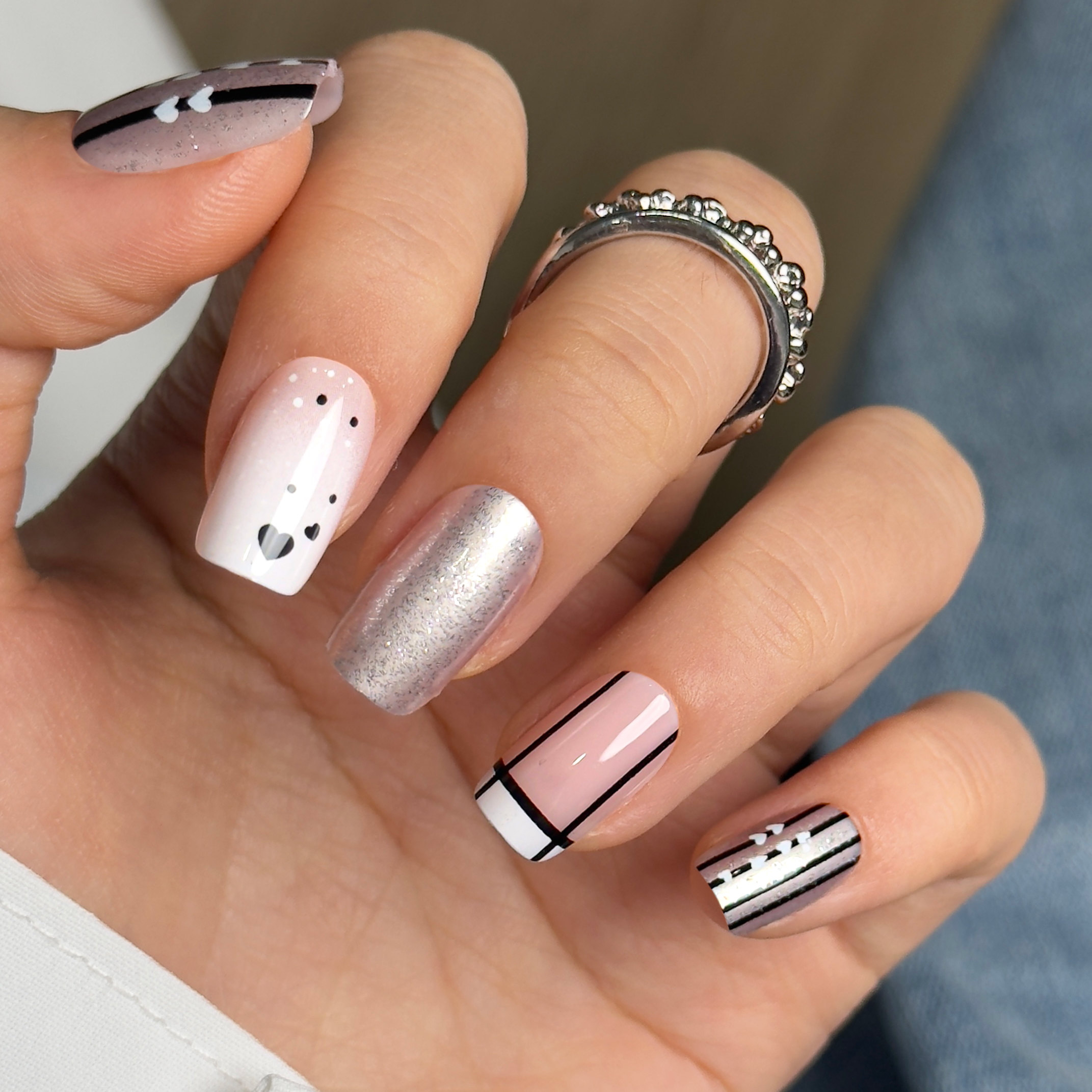 Nude Spark Line medium squoval nail detail