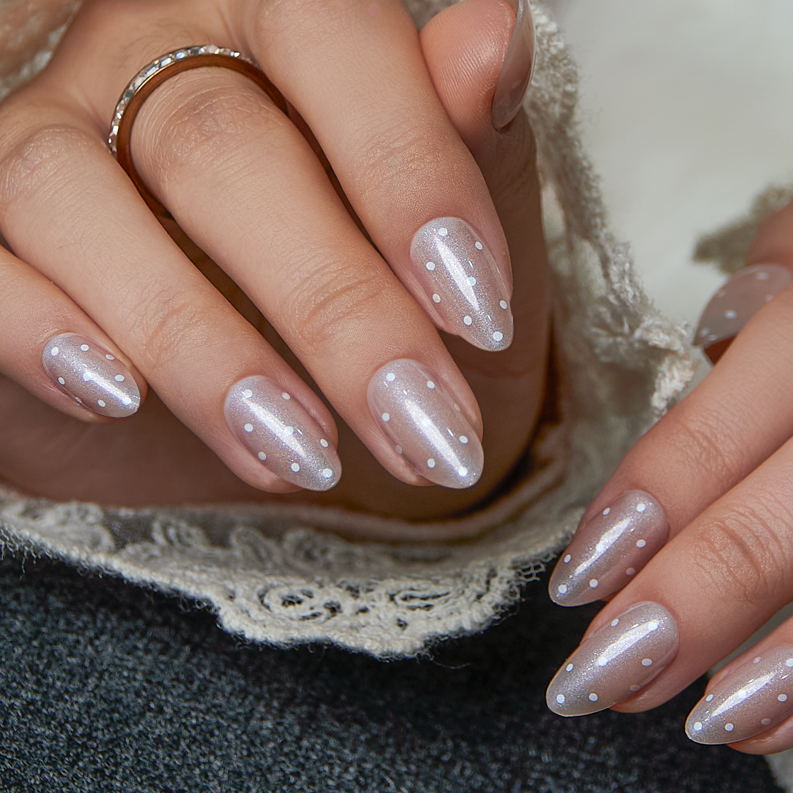 Pearl Polka short almond nail detail