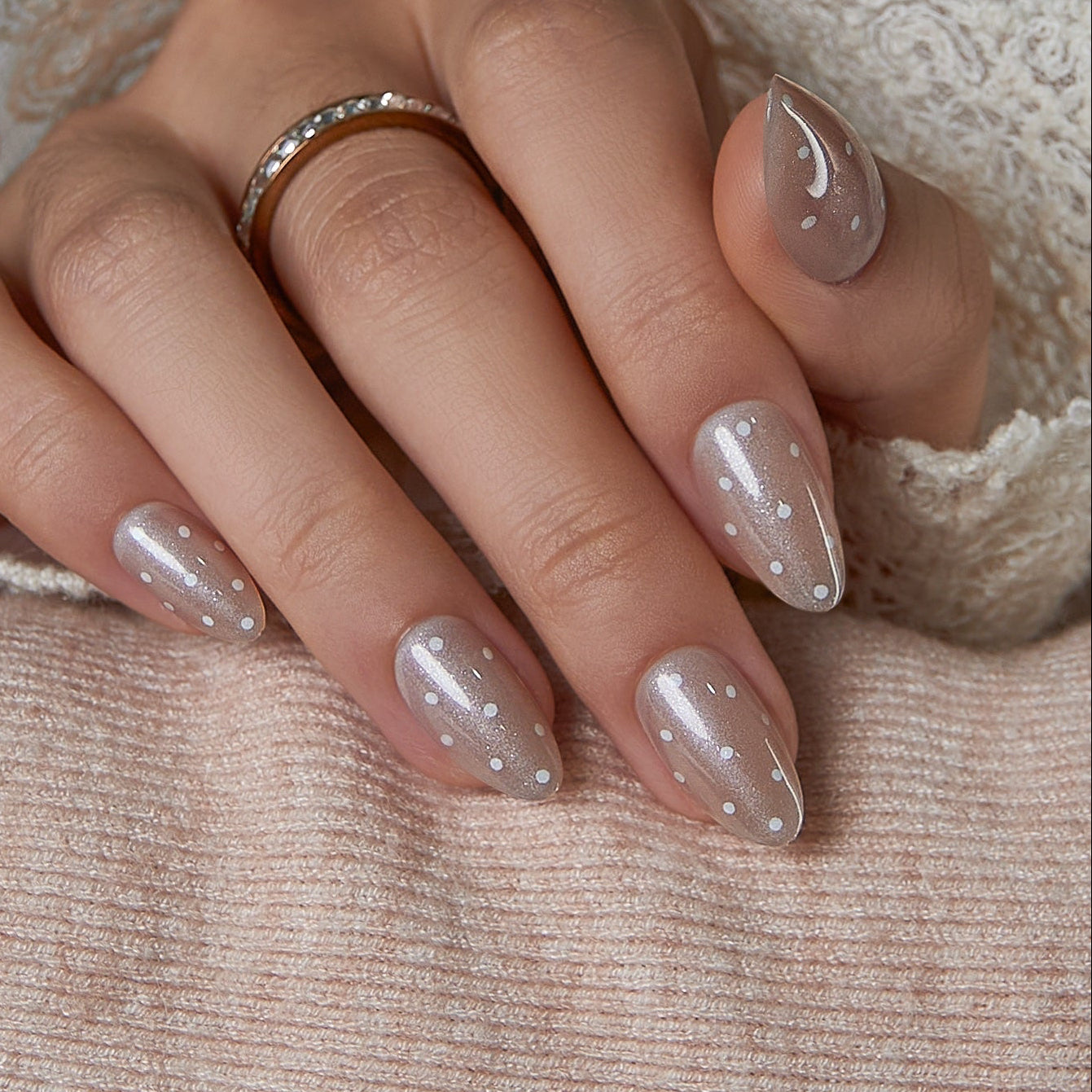 Pearl Polka short almond press-on nails