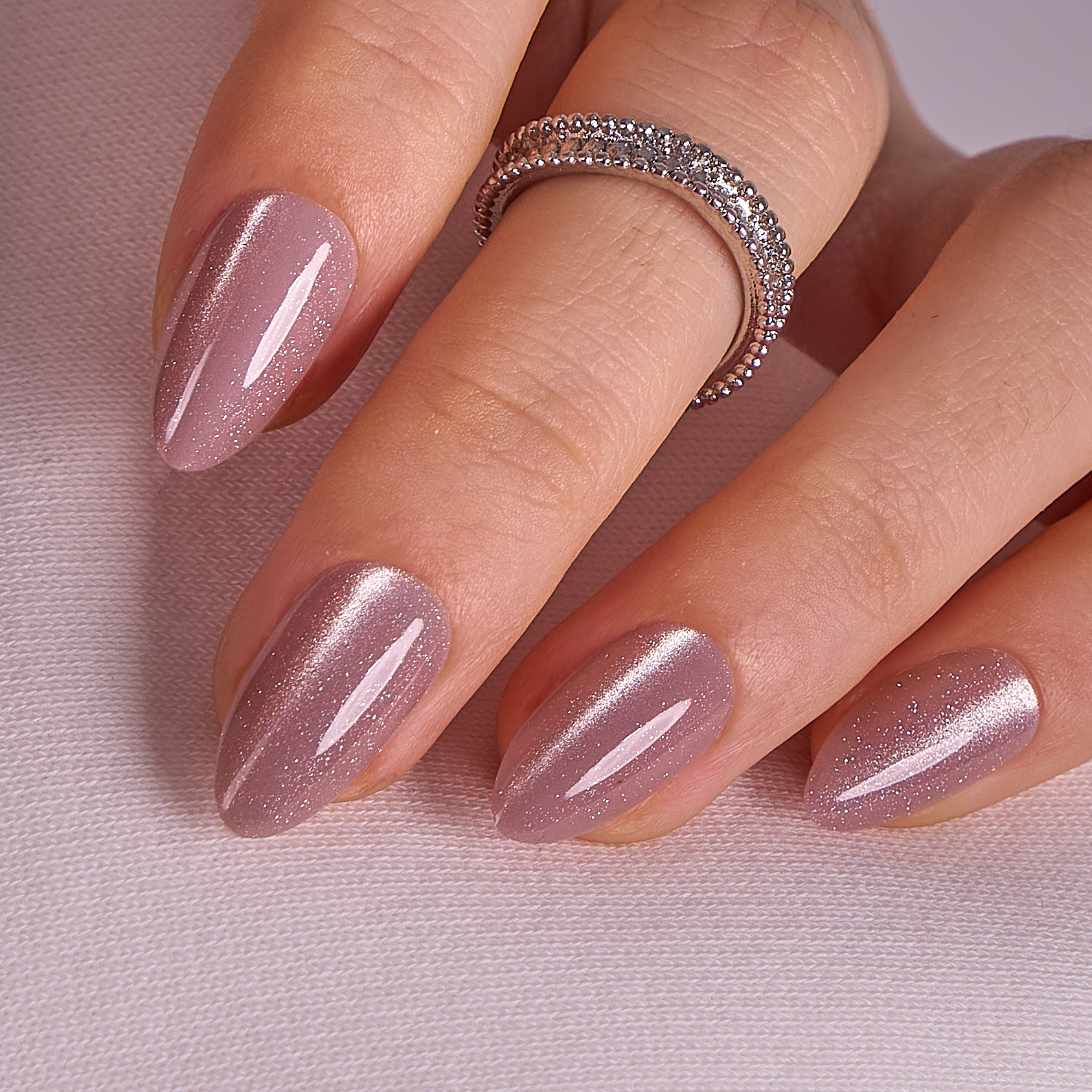 Pink Velvet Mist short almond press-on nails