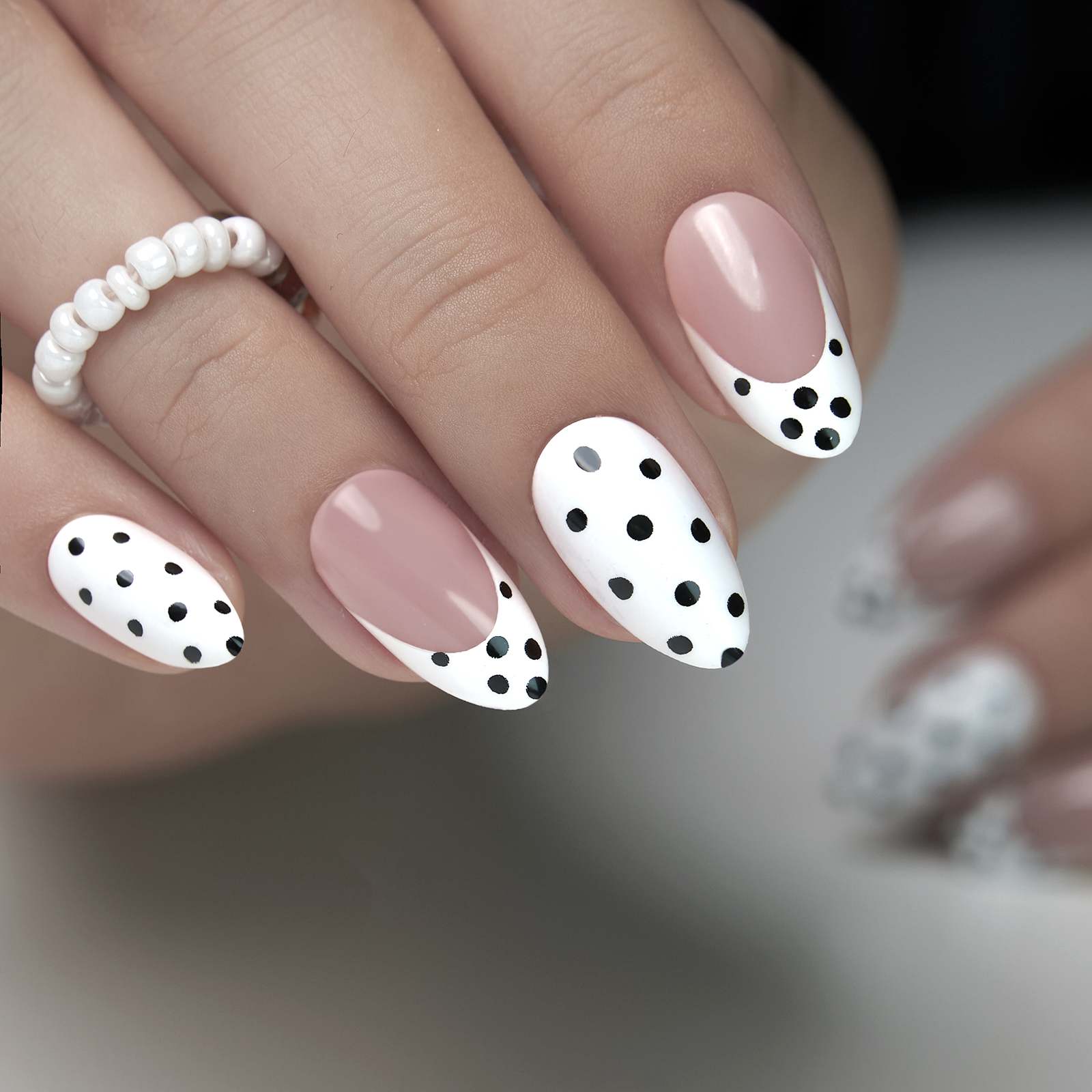 Playful French short almond nail detail
