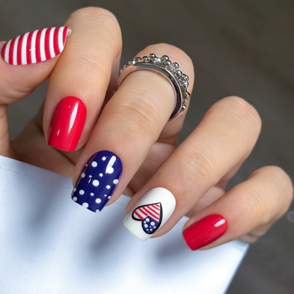 Patriotic Hearts – short Squoval press-on nails packaging