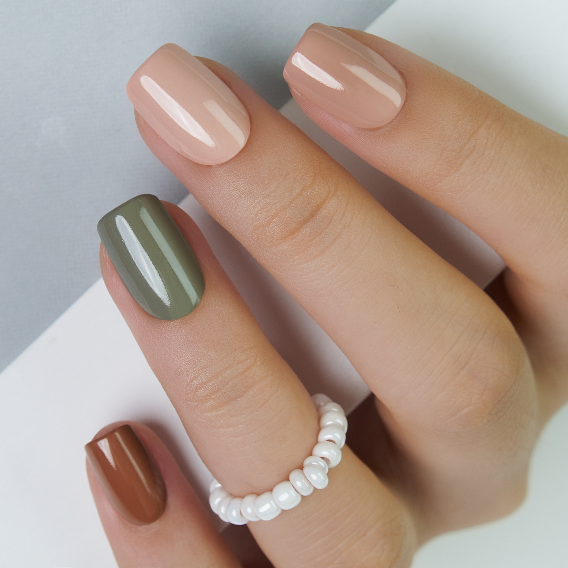 Nude Orange Yellow Purple Green Brown Squoval Short press-on nails by Lirenail - side view