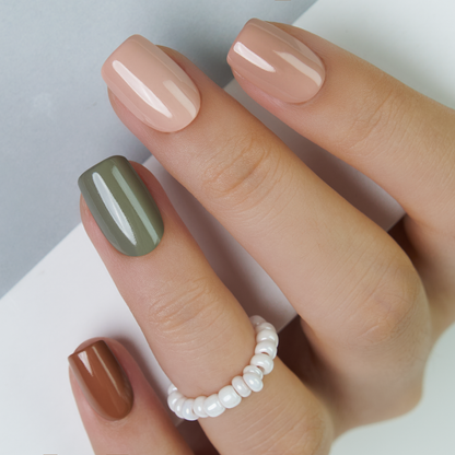 Nude Orange Yellow Purple Green Brown Squoval Short press-on nails by Lirenail - side view
