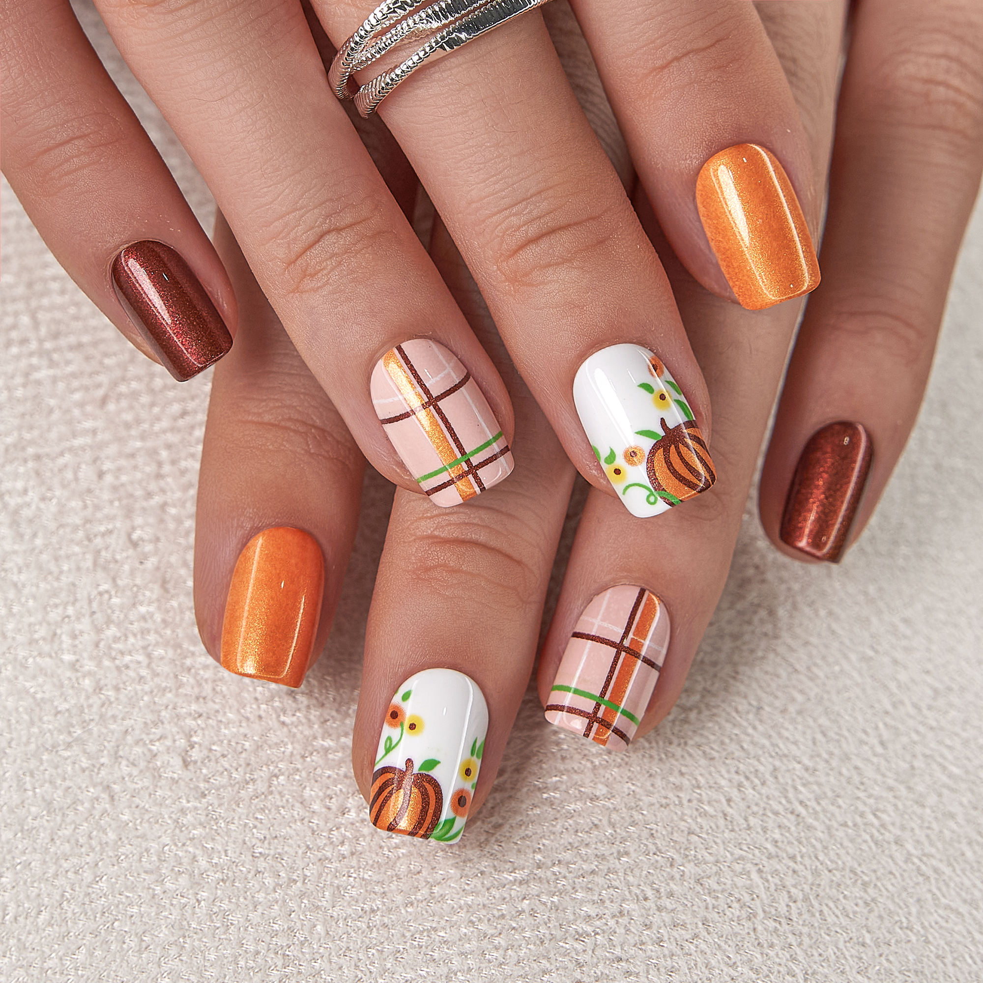Pumpkin Harvest short squoval press-on nails from the side
