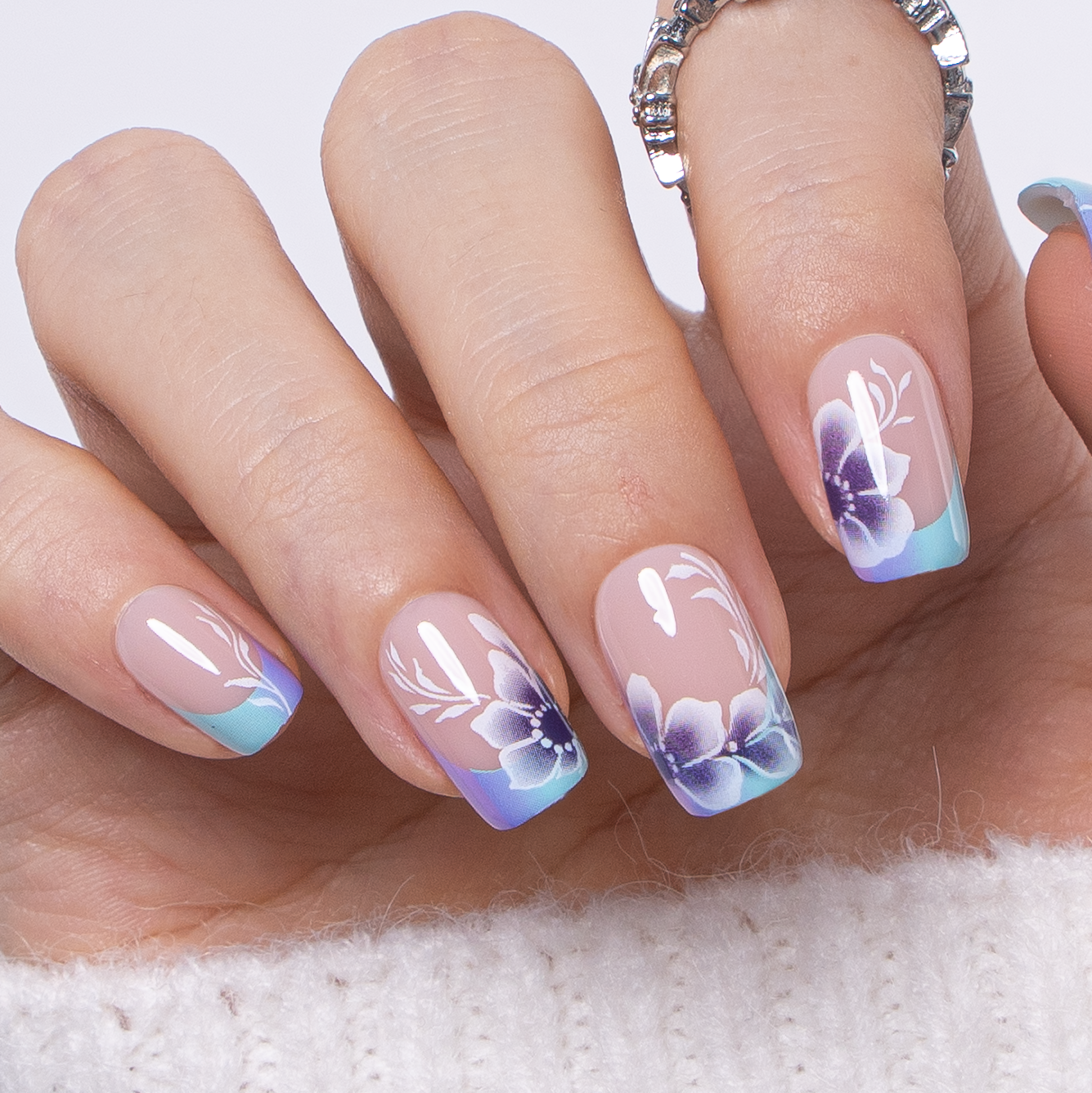 Purple Flourish medium squoval press-on nails