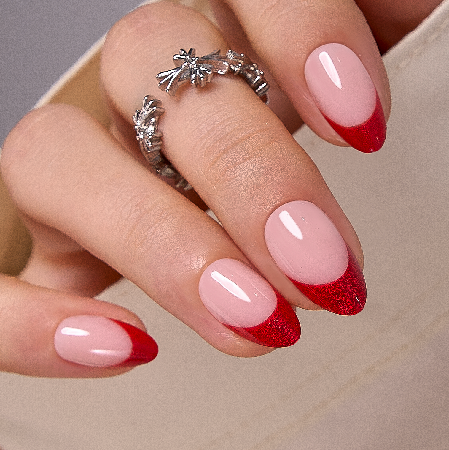 Red Crescent short almond press-on nails