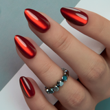 Red Eclipse short almond press-on nails from the side