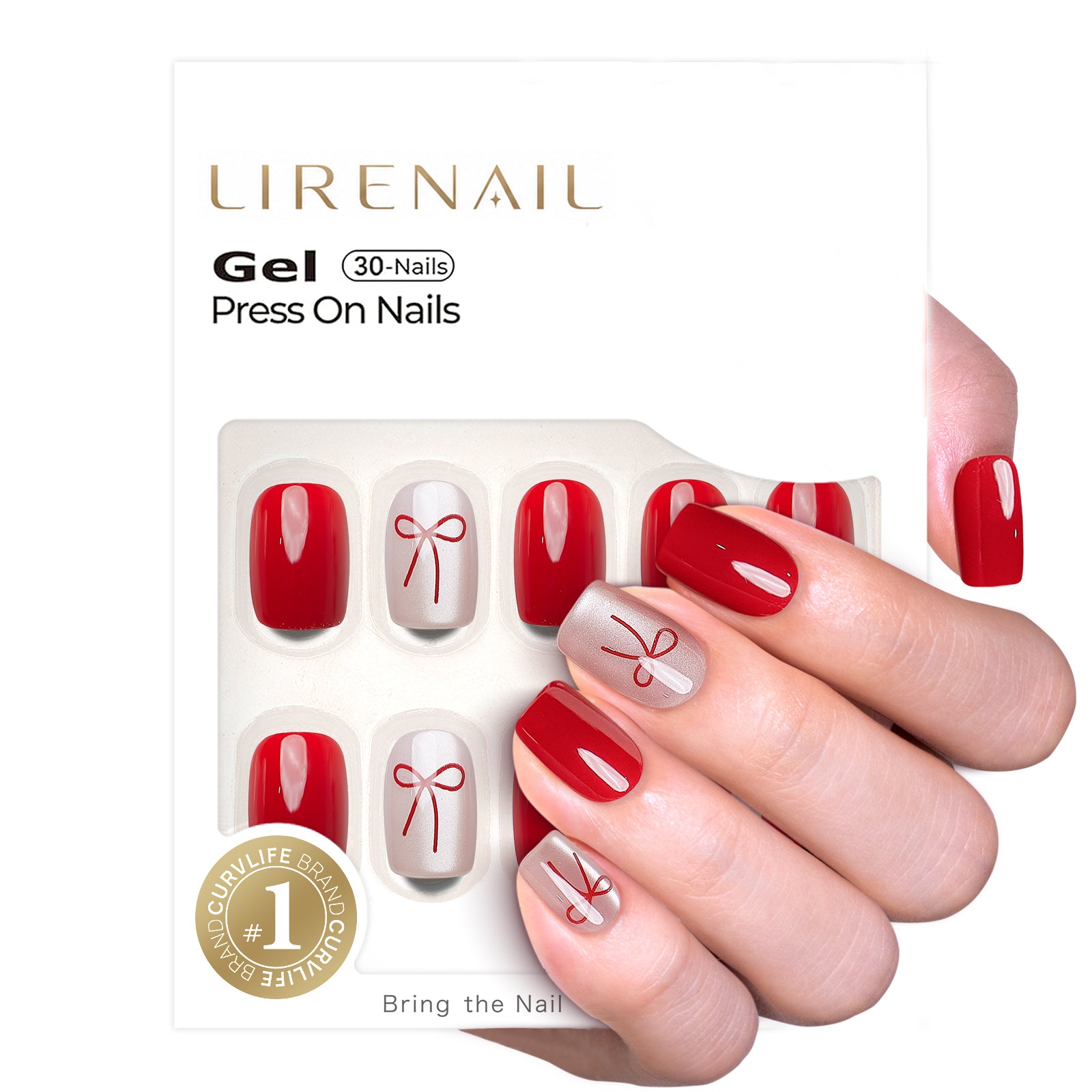 Ribbon Red Charm short squoval press-on nails product view