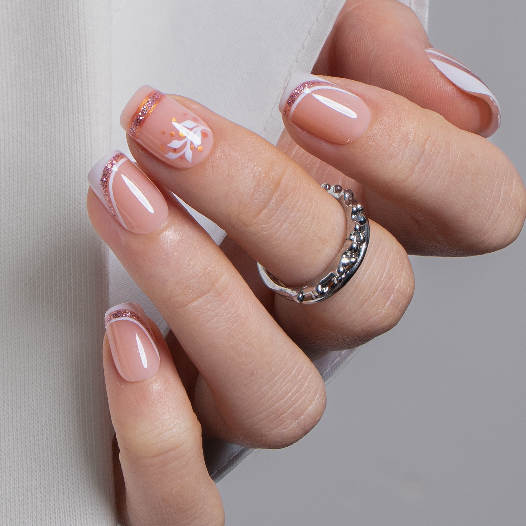 Rose Gold short squoval press-on nail set with accessories