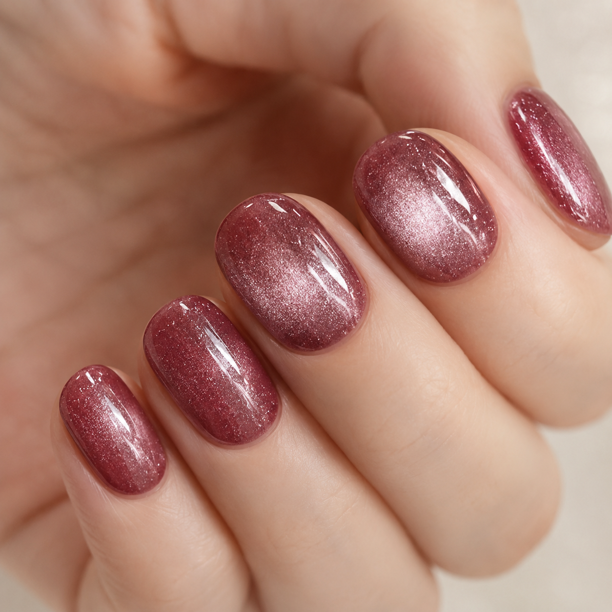 Rose Shimmer Cat Eye short oval cat-eye nail detail