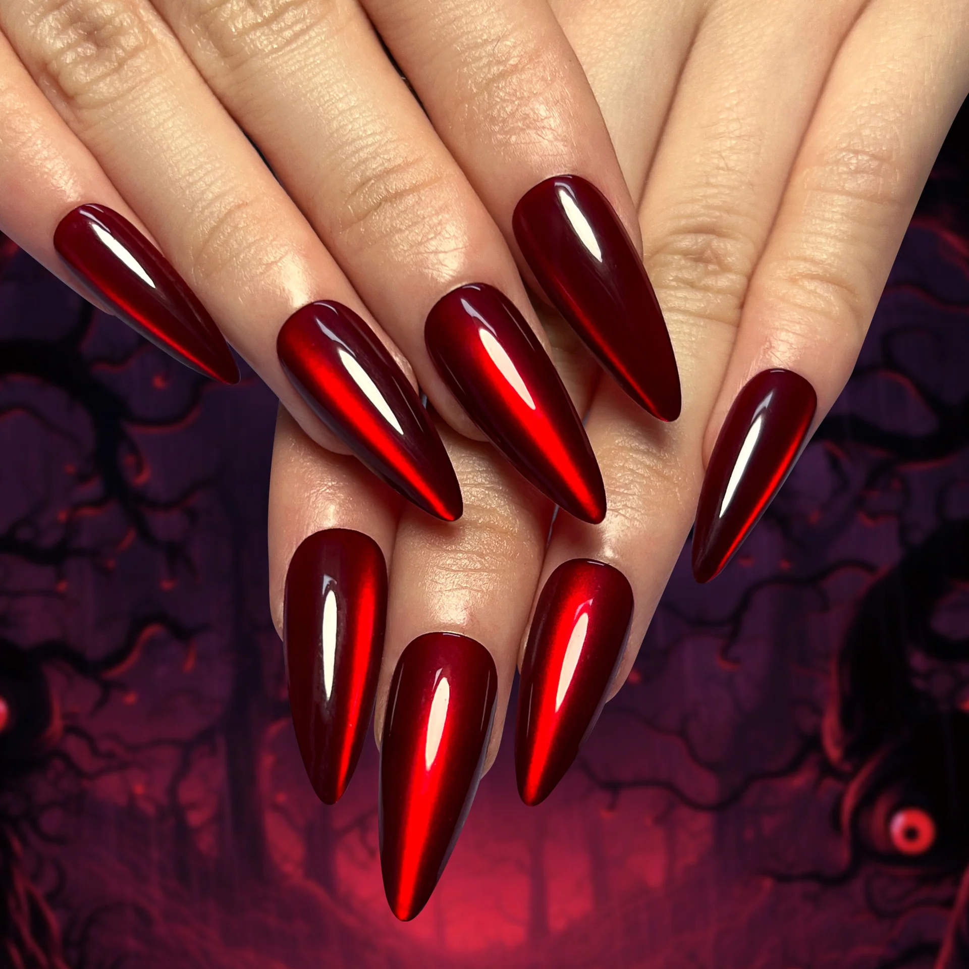 Ruby Cat Glow long almond nail detail