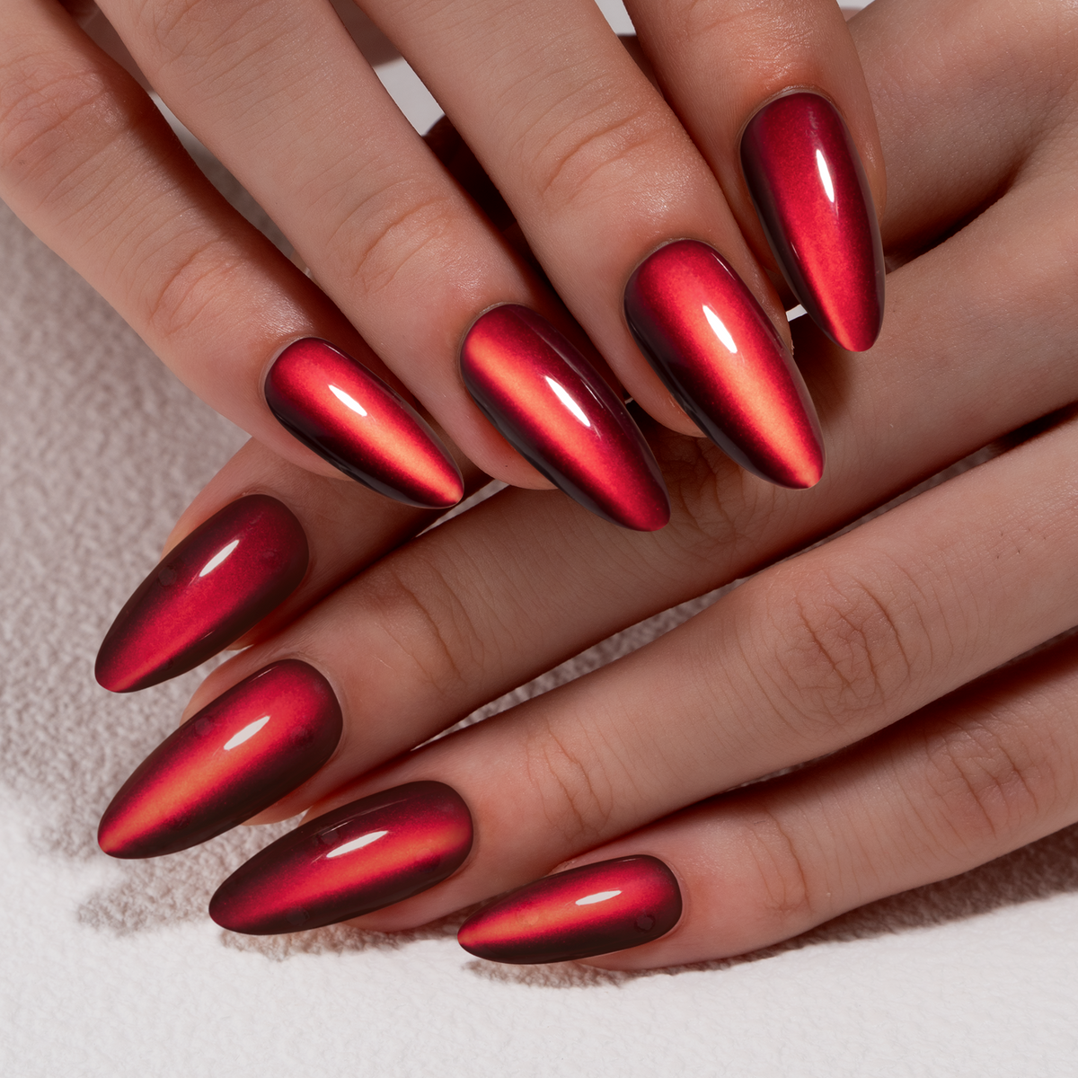 Ruby Cat Glow long almond press-on nail set with accessories
