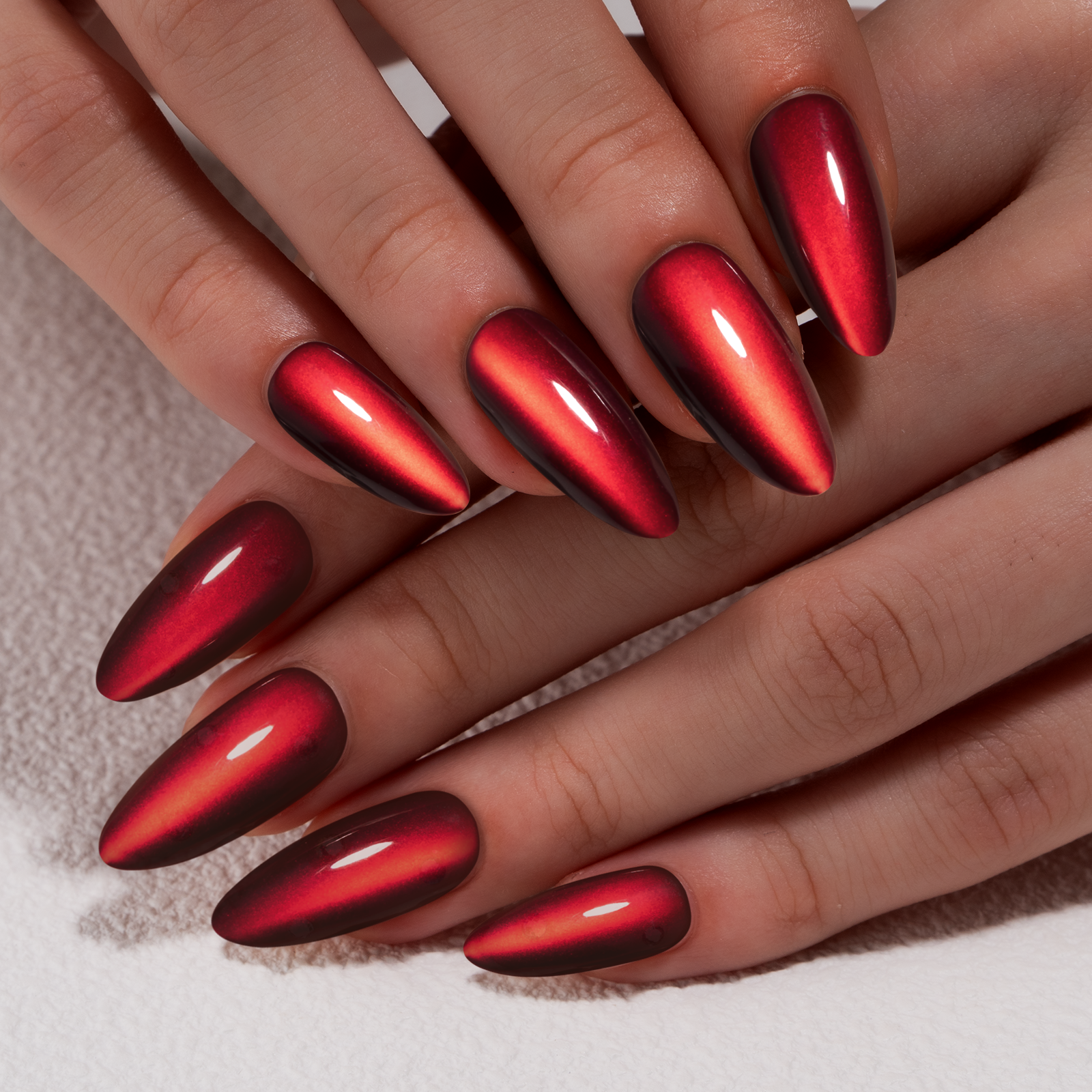Ruby Cat Glow long almond press-on nail set with accessories