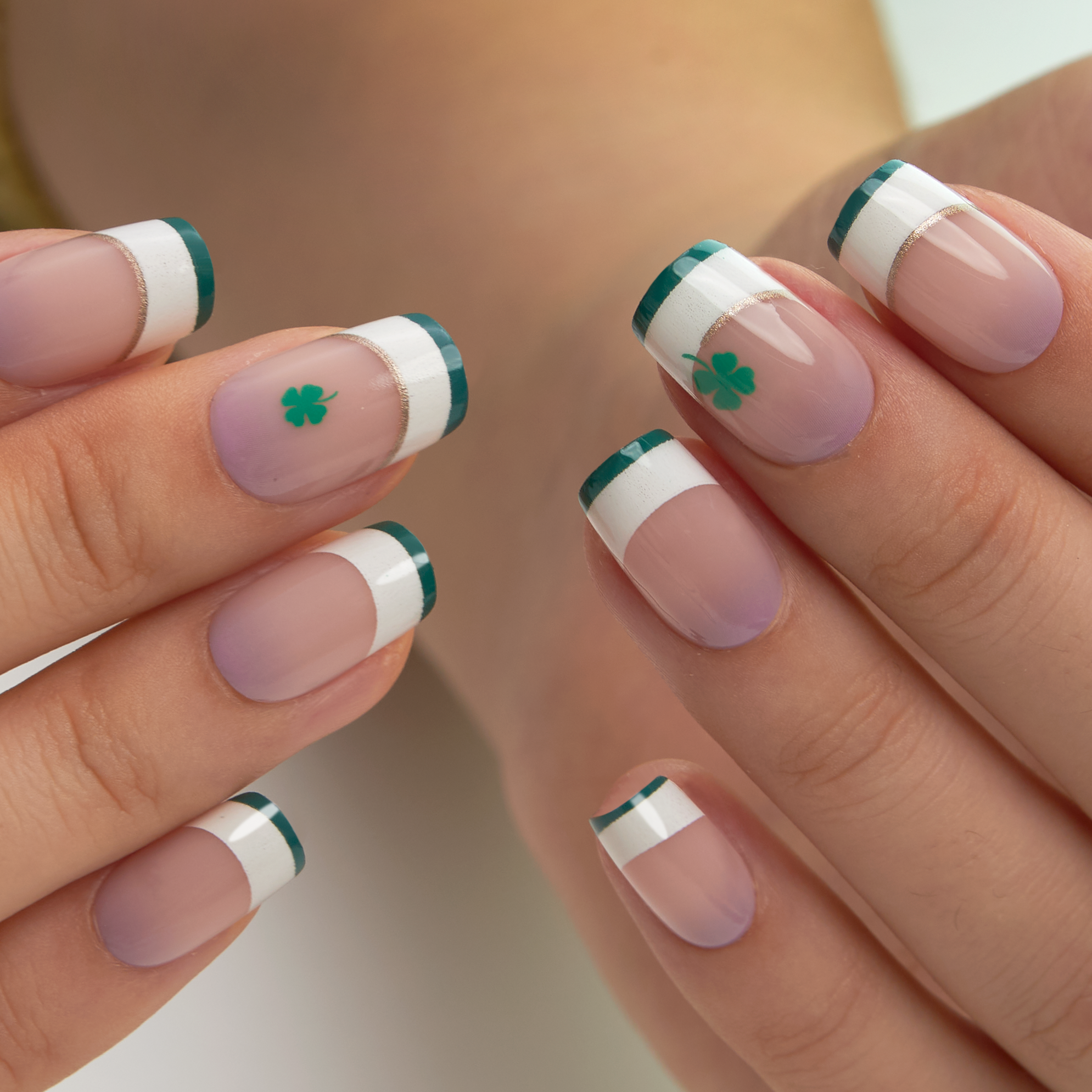 Shimmer Clover medium squoval press-on nails from the side