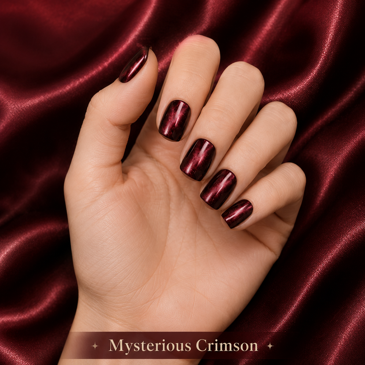 Short Cat Eye Essentials press-on nail set worn on a hand