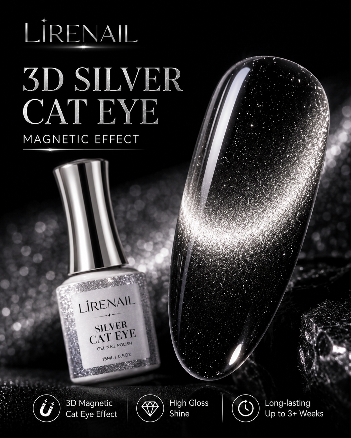 Silver Cat Eye Gel Polish 15ml magnetic cat-eye detail