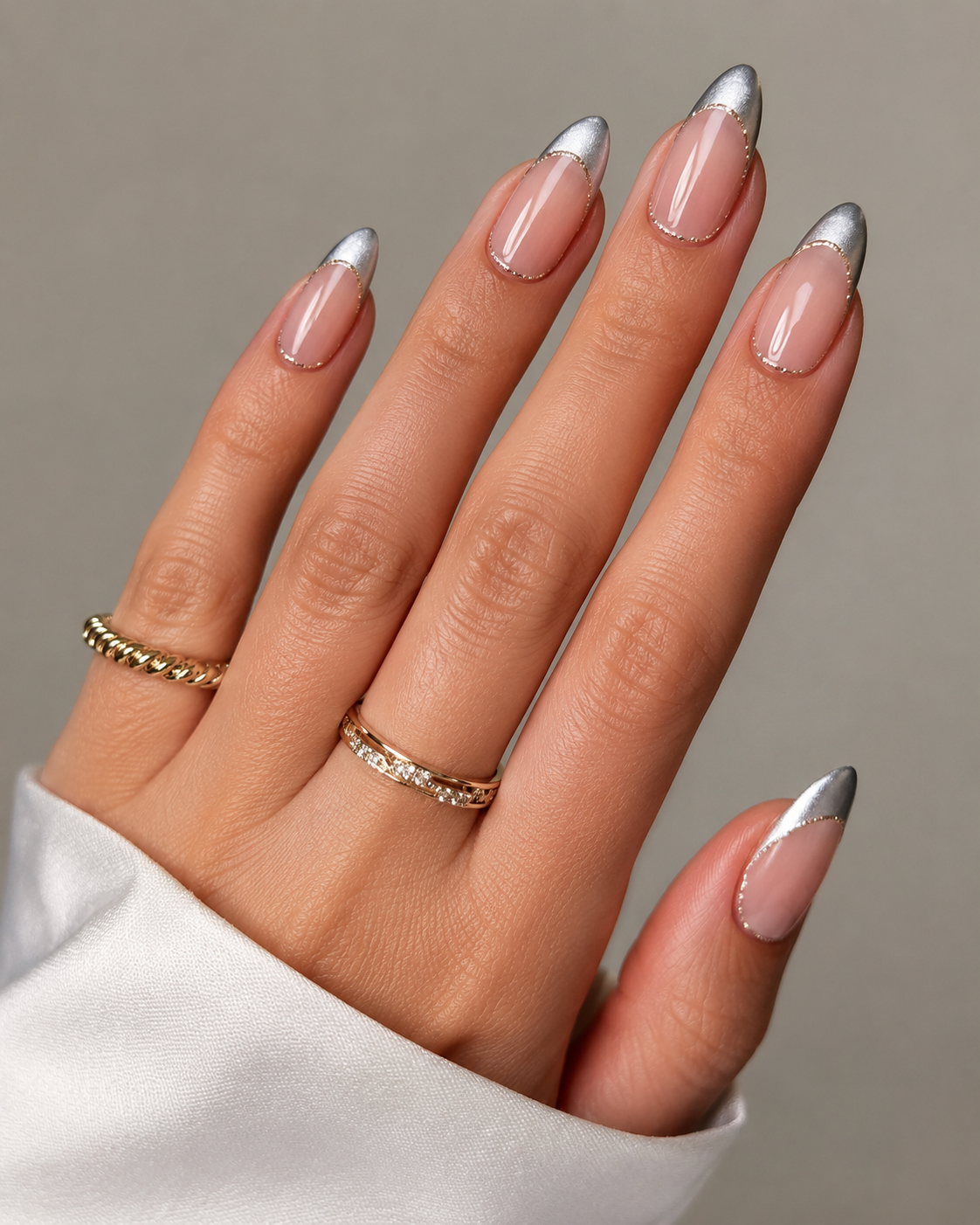 Silver Chrome French – Elegant Almond Press-On Nails (24pcs)
