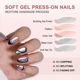 Silver Wave short almond press-on nails worn on a hand