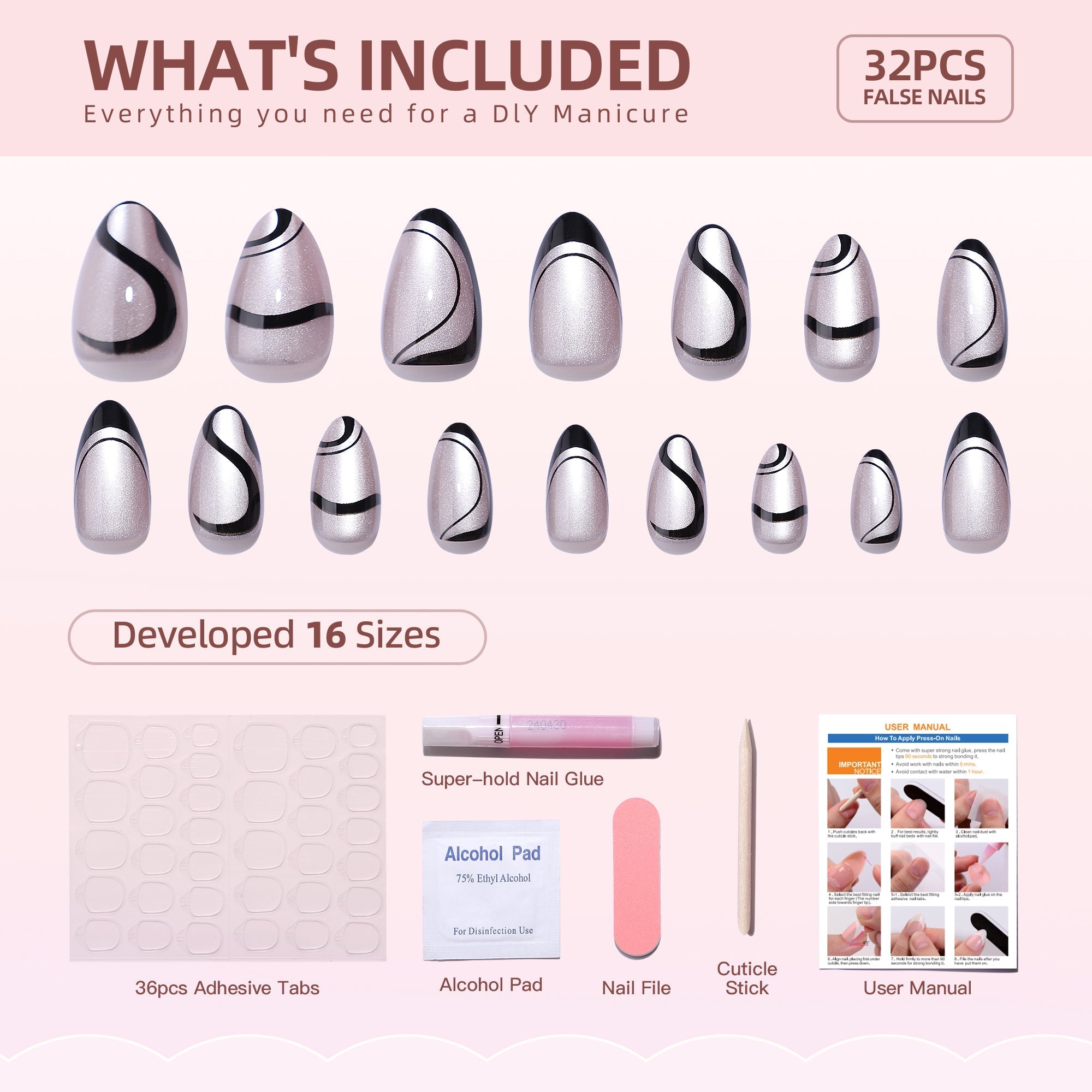 Silver Wave short almond press-on nails from the side