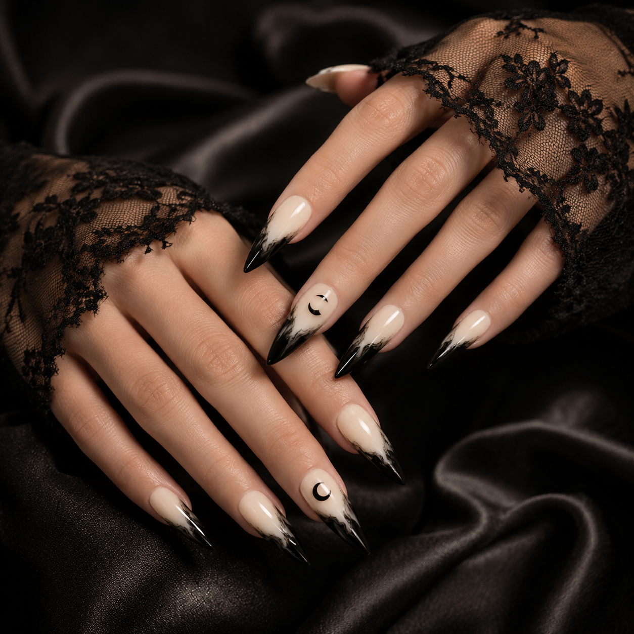Black Oval Long press-on nails by Lirenail - detail view