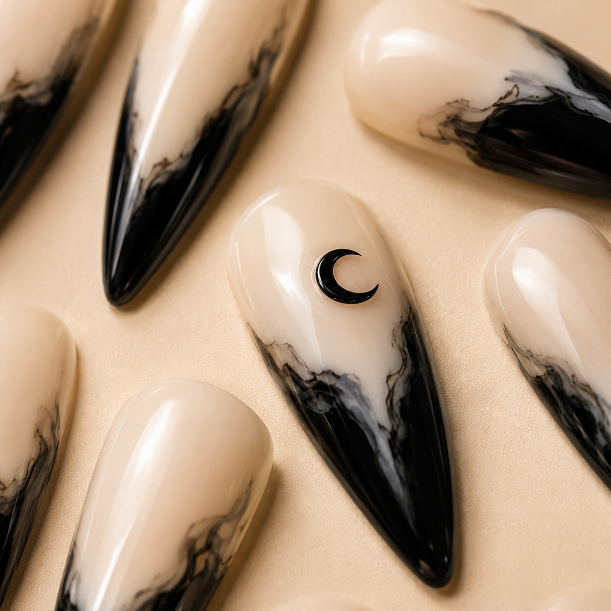 Black Oval Long press-on nails by Lirenail - package