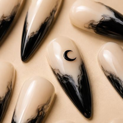 Black Oval Long press-on nails by Lirenail - package