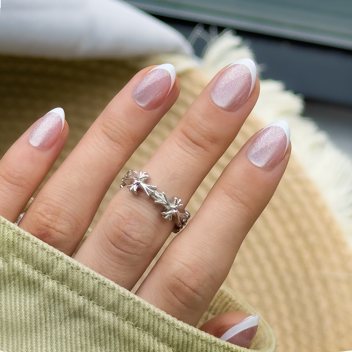 Snow Veil Rs almond nail detail
