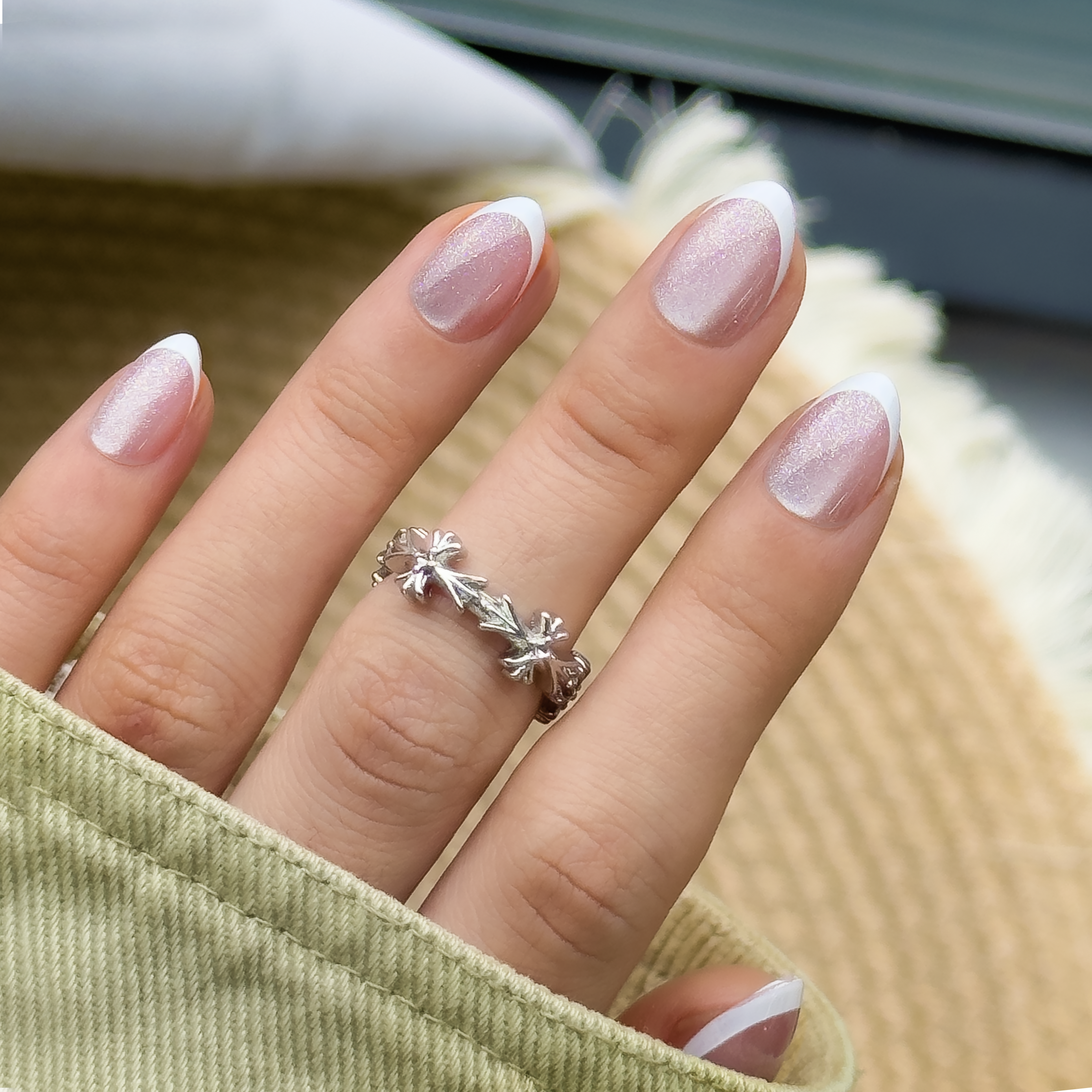 Snow Veil Rs almond nail detail