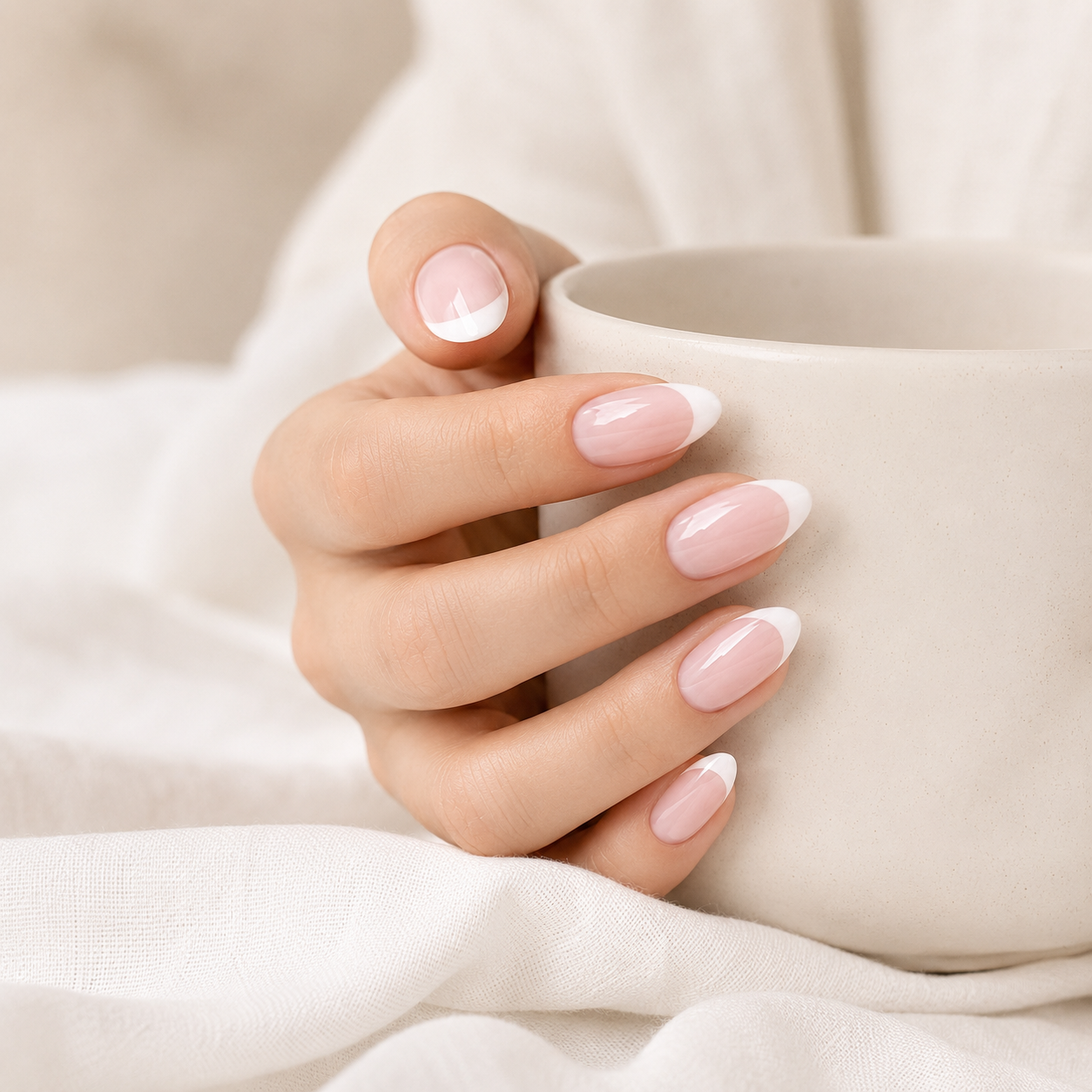 Soft French medium almond press-on nails from the side