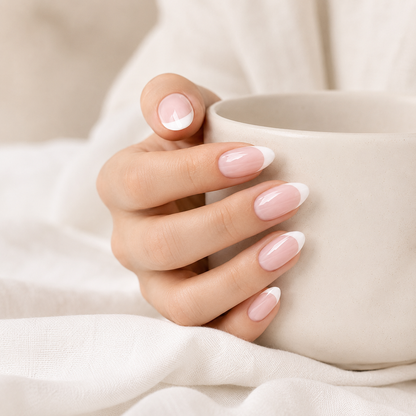 Soft French medium almond press-on nails from the side