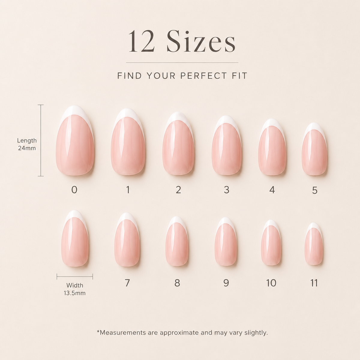 Soft French medium almond press-on nail size guide