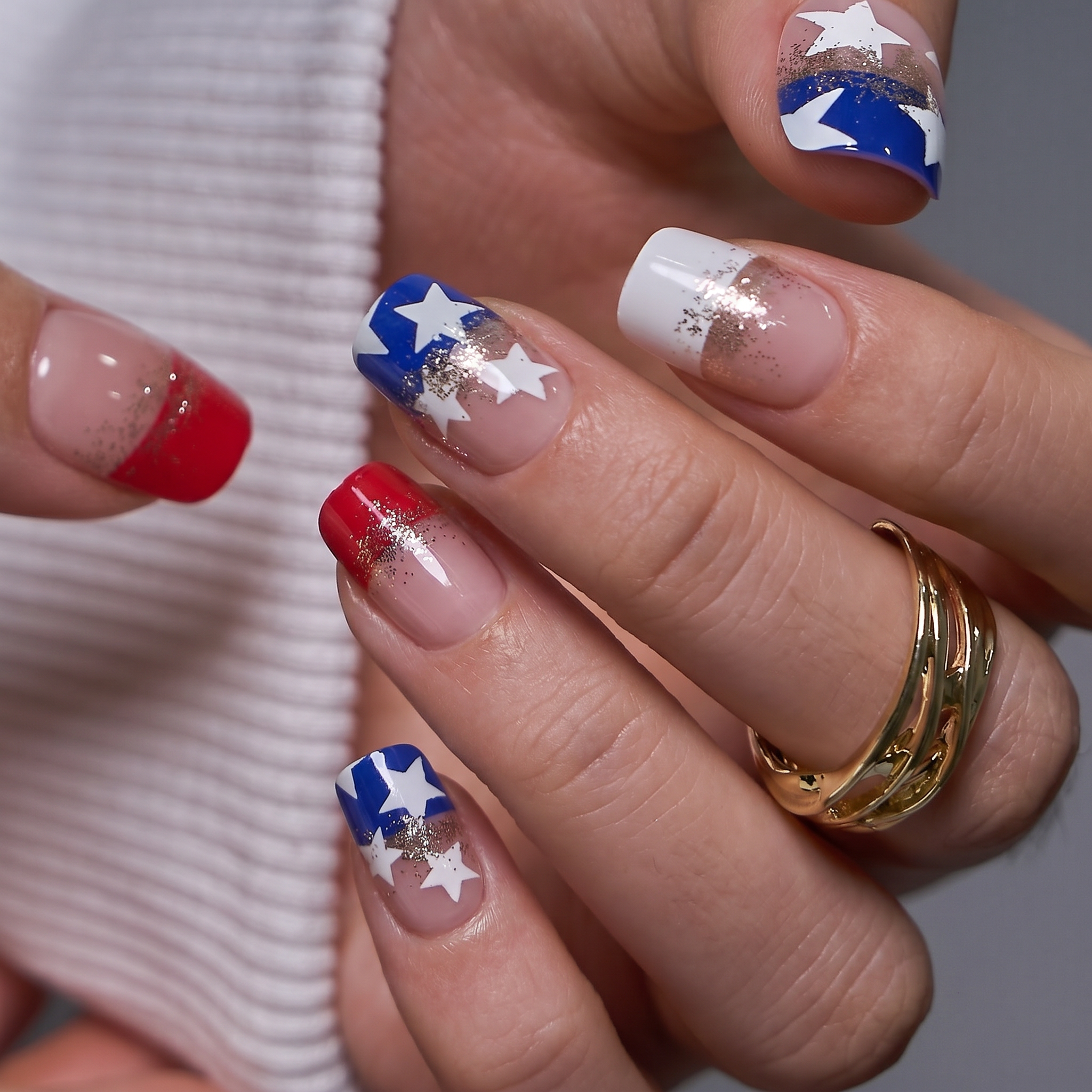 Star Spangle short squoval press-on nails worn on a hand