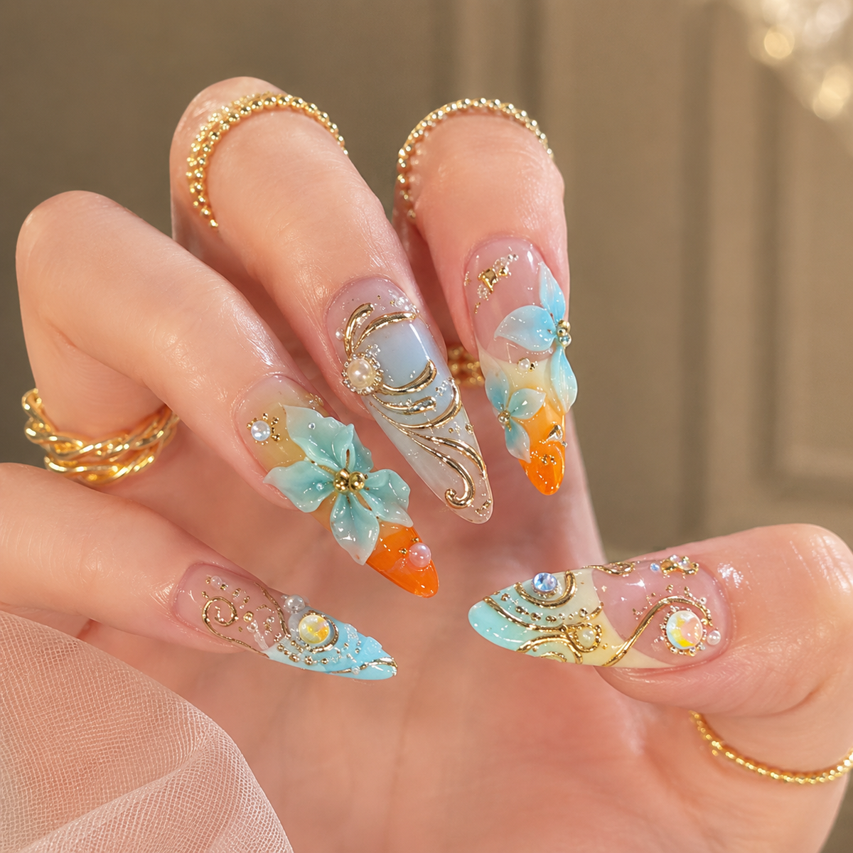 Sunset Blue Floral Style 2 press-on nails